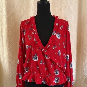 Red Floral Ruffle Blouse